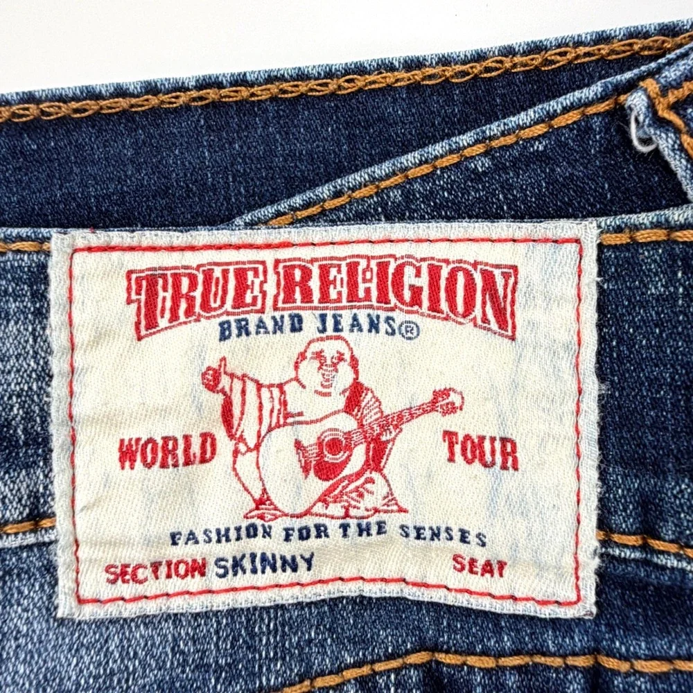 True Religion Skinny Flap Jeans Mens 40 Blue Dark Wash Excellent Horseshoe Flap